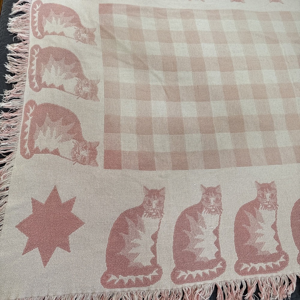 VTG Cat Tapestry Throw Blanket 45x65" Woven Cotton Kitty Star CottageCore Fringe
